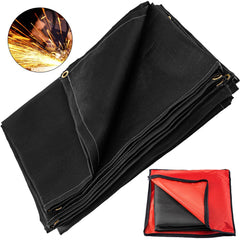 Black fiberglass welding blanket, 10x10 ft, fire retardant with brass grommets for secure installation.