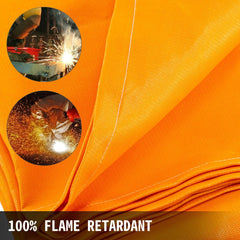 Orange fiberglass welding blanket with heavy-duty grommets for secure hanging.