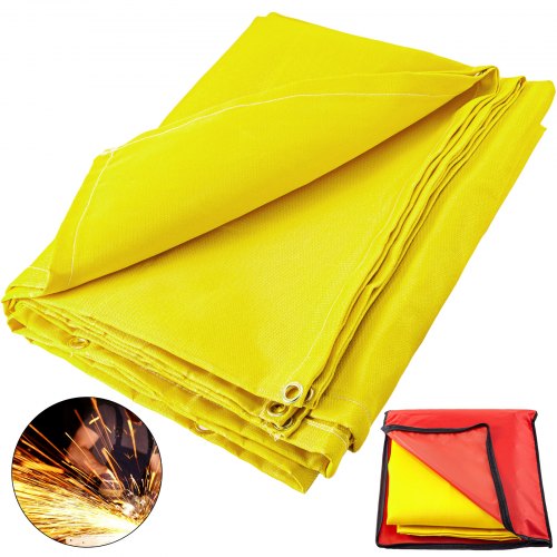 Gold fiberglass welding blanket measuring 6x10 feet with heavy-duty grommets for secure installation.