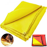 Gold fiberglass welding blanket measuring 6x10 feet with heavy-duty grommets for secure installation.