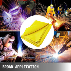 Gold fiberglass welding blanket with grommets, designed for fire resistance and heat protection.