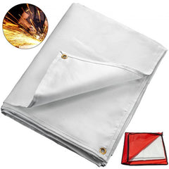 Bostome 8x10 ft white fiberglass welding blanket with brass grommets and fire retardant properties.