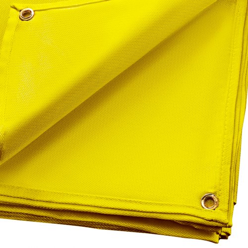 Gold fiberglass welding blanket measuring 8x10 feet with heavy-duty grommets for secure mounting.