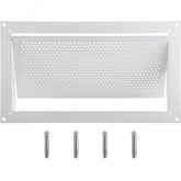 White 16x8 inch zinc-coated steel foundation flood vent with mesh screen and mounting bolts.