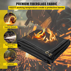 Two folded black fiberglass welding fire blankets with metal grommets on sparks background.