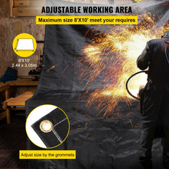 Black fiberglass welding blanket with 8x10 ft size and grommets for adjustable use.