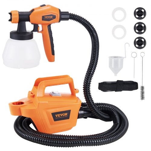 Orange Bostome 500W HVLP paint sprayer with 1300ml container, 3 patterns, 4 nozzles, hose, and accessories.