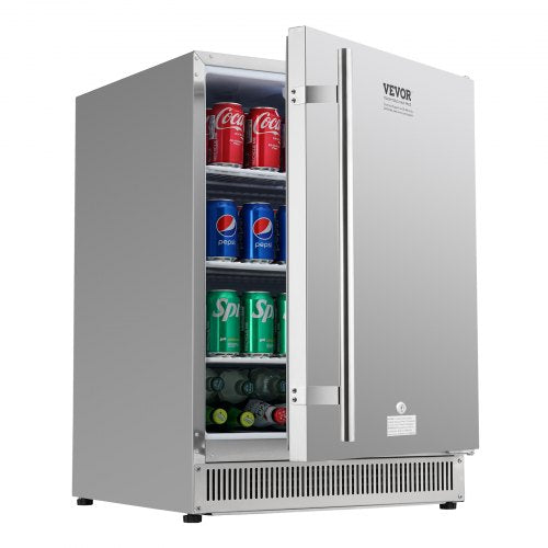 Stainless steel beverage refrigerator holding 175 cans with adjustable shelves and reversible door.