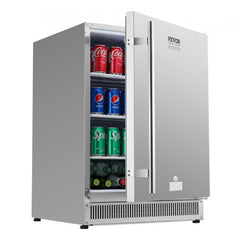 Stainless steel beverage refrigerator holding 175 cans with adjustable shelves and reversible door.