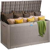 Gray Bostome 100-gallon waterproof deck box with open lid and cushions inside.