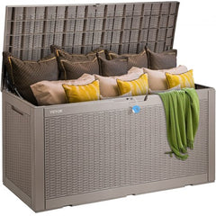 Gray Bostome 100-gallon waterproof deck box with open lid and cushions inside.