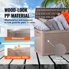 Gray 100-gallon waterproof PP deck box with wood-look wicker finish and hydraulic lid.