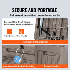 Gray Bostome 100 gallon deck box with hydraulic lift, padlock, and grooved handles.