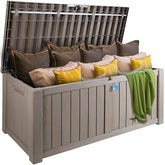 Gray 120-gallon waterproof PP outdoor deck box for storage.