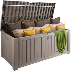 Gray 120-gallon waterproof PP outdoor deck box for storage.