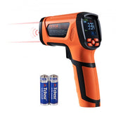 Orange Bostome dual laser infrared thermometer with digital display and two AA batteries.