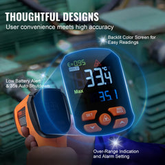Orange handheld dual laser infrared thermometer with backlit color screen displaying 33.4°C and max 35.1°C.