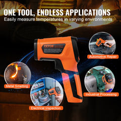 Orange and black dual laser infrared thermometer with ergonomic handle and digital display