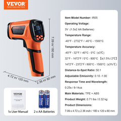 Orange Bostome dual laser infrared thermometer with digital display, -40 to 2732°F range, and adjustable emissivity.