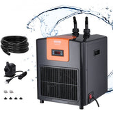 Bostome 1/4 HP black aquarium chiller with digital display, pump, and hoses on white background.