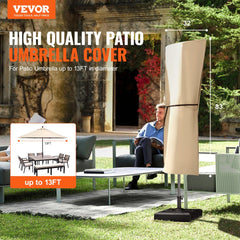 Beige 420D Oxford cover for cantilever patio umbrellas, fits sizes 7-13ft, with zipper and drawstring.