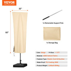 Beige 420D Oxford patio umbrella cover for 7-13ft umbrellas with zipper and adjustable clip.
