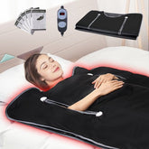 Portable far infrared sauna blanket with arm holes and adjustable temperature control.