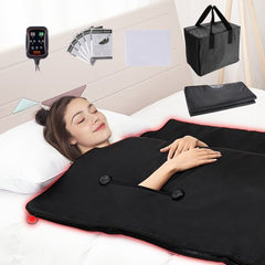 A lightweight far infrared sauna blanket with adjustable temperature and armholes for comfort.