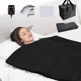 Portable infrared sauna blanket with adjustable temperature and remote control for relaxation.