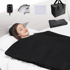 Portable infrared sauna blanket with adjustable temperature and remote control for relaxation.