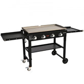 36-inch flat top griddle on a cart with four burners and built-in wheels for easy mobility.
