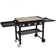 36-inch flat top griddle on a cart with four burners and built-in wheels for easy mobility.