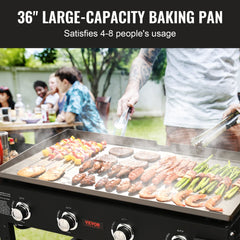 A 36-inch flat top griddle on a cart with four burners and a portable design.