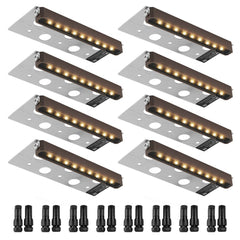 Eight 6.8-inch brown LED hardscape lights with soft white glow and mounting screws.