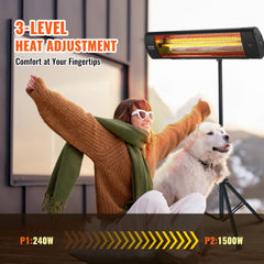 Bostome 1500W infrared patio heater with remote, stand, and waterproof aluminum housing.
