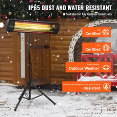 Bostome 1500W infrared patio heater with remote, stand, and waterproof aluminum housing.