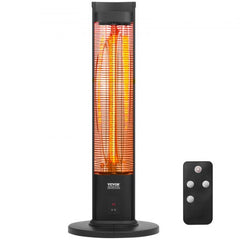 Black 40-inch tall infrared patio heater with glowing heating elements and black remote control.