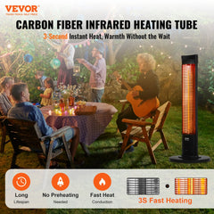 Tall black stand-mounted infrared patio heater with remote control in an outdoor family gathering setting.