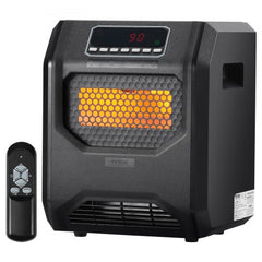 Black Bostome 1500W infrared quartz space heater with digital display, orange heating element, vents, and remote control.
