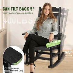 Outdoor black rocking chair with high back, armrests, and 5-degree recline angle.