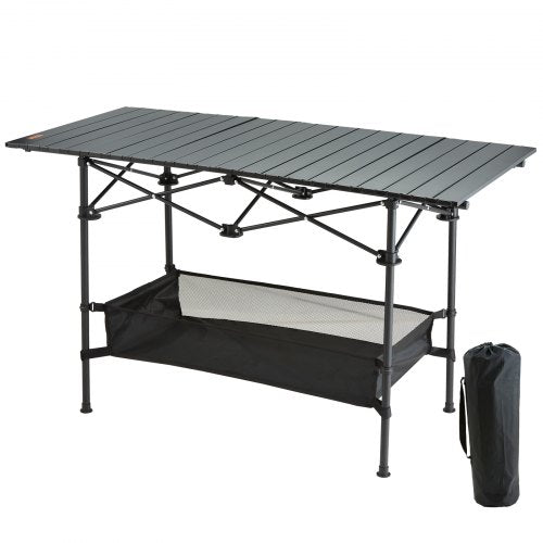 Lightweight aluminum folding camping table, 24x16 inches, with mesh storage net and carry bag.