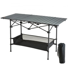 Lightweight aluminum folding camping table, 24x16 inches, with mesh storage net and carry bag.