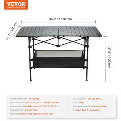 Black lightweight aluminum folding camping table with dimensions 24x16 inches and hanging storage net.