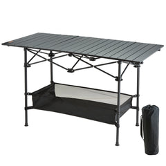 Lightweight aluminum folding camping table with storage net and carry bag, 24x16 inches.