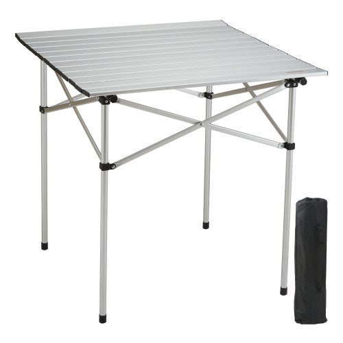 Silver aluminum folding camping table with a waterproof, stain-resistant surface and carry bag.