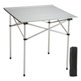 Silver aluminum folding camping table with a waterproof, stain-resistant surface and carry bag.