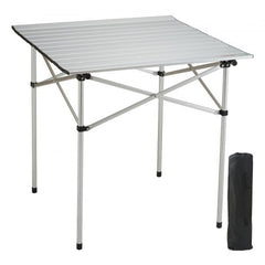 Silver aluminum folding camping table with a waterproof, stain-resistant surface and carry bag.