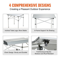 Silver aluminum folding camping table with a waterproof, stain-resistant surface.