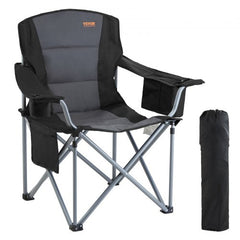 Black heavy duty folding camping chair with padded seat and integrated cooler bag.