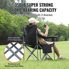 Black heavy duty folding camping chair with padded seat, cooler bag, and side pockets.